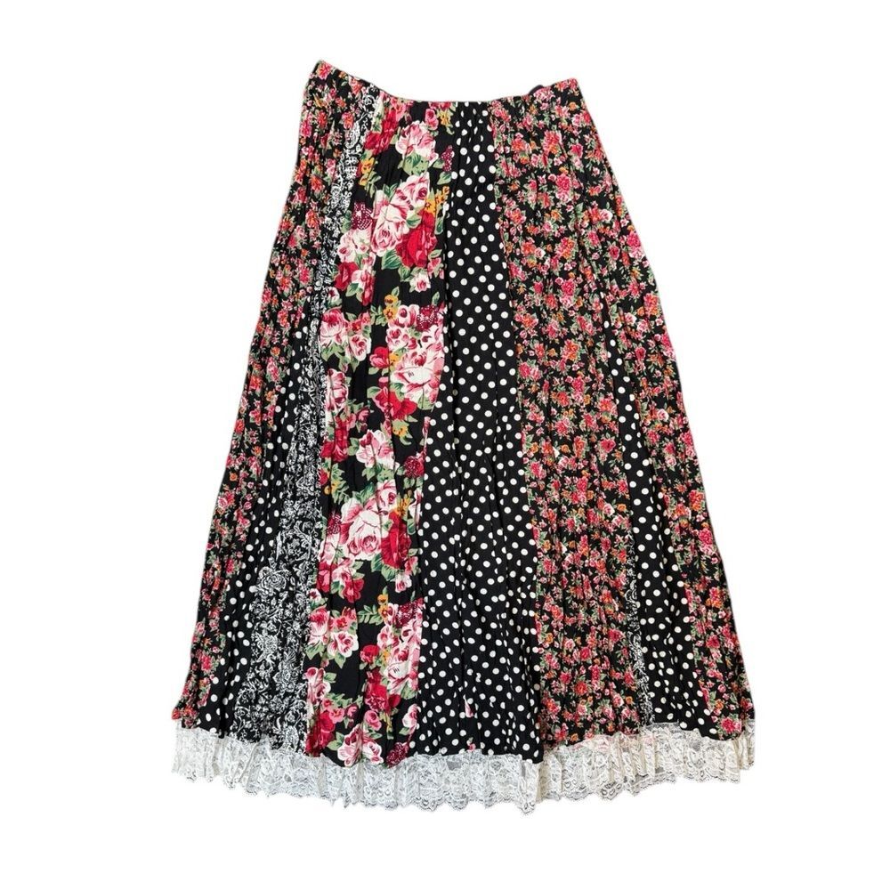Vintage Amy Byer Floral Black + Pink Pleated Lace Midi Skirt Size Small